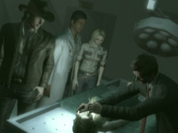 NPCs witnessing Morgan examing a dead body in Deadly Premonition