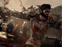 Male warrior spattered with the blood of his enemies in Dragon Age II