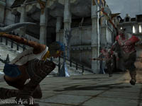 Female Rogue character waiting for ogre enemies to come to her in Dragon Age II