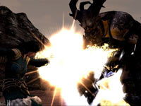 A female mage character fighting an ogre
