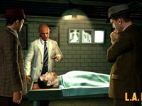 Phelps gathering information regarding a cadaver from L.A. County Coroner Malcom Carruthers in L.A. Noire