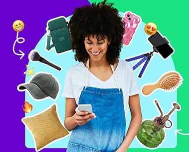 Smiling woman using smartphone, surrounded by lifestyle accessories and emoji icons.