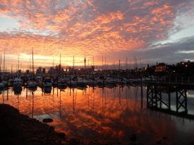 View of a marina at sunset.