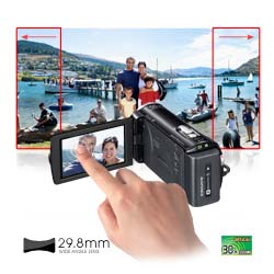 Get closer to the action with a 30x optical zoom Sony G wide angle lens and check out your shots on the 29.8mm  Wide Clear Photo LCD touch screen. 