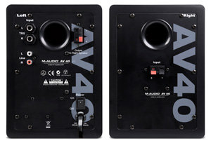 M-Audio AV40 speakers feature RCA and stereo auxiliary input