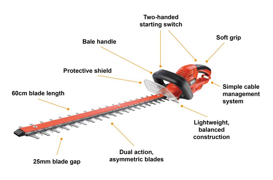 Black & Decker GT6060 600W 60cm Hedgetrimmer/ 25mm Blade Gap/ Bale Handle Design/ Cable