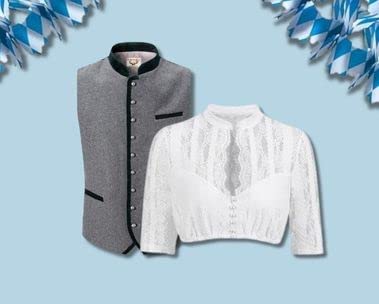 Entdecke Oktoberfest-Angebote. Sortiment von Oktoberfestprodukten (Dirndl Bluse, Trachtenweste für Herren, Girlanden blau-weiß)
