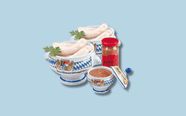 Food and drinks. Assortment of Oktoberfest products (sausage, mustard, traditional dishes)