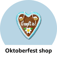 Oktoberfest shop. Assortment of Oktoberfest products (gingerbread heart with the caption: O'zapft is!)