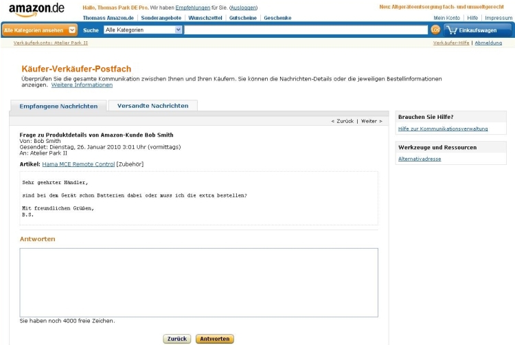 Amazon.de Hilfe KäuferVerkäuferPostfach
