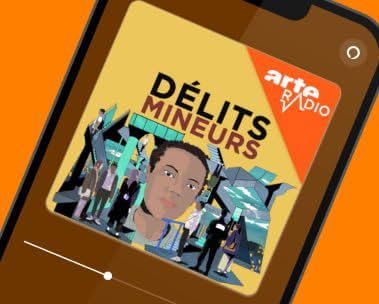 Podcast artwork reading “Délits Mineurs” with Arte Radio branding, featuring an illustrated portrait and stylized urban scene.