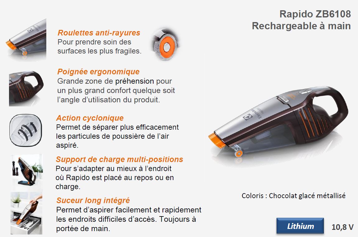 Electrolux ZB6108 Rapido Aspirateur à Main Rechargeable Chocolat Glacé