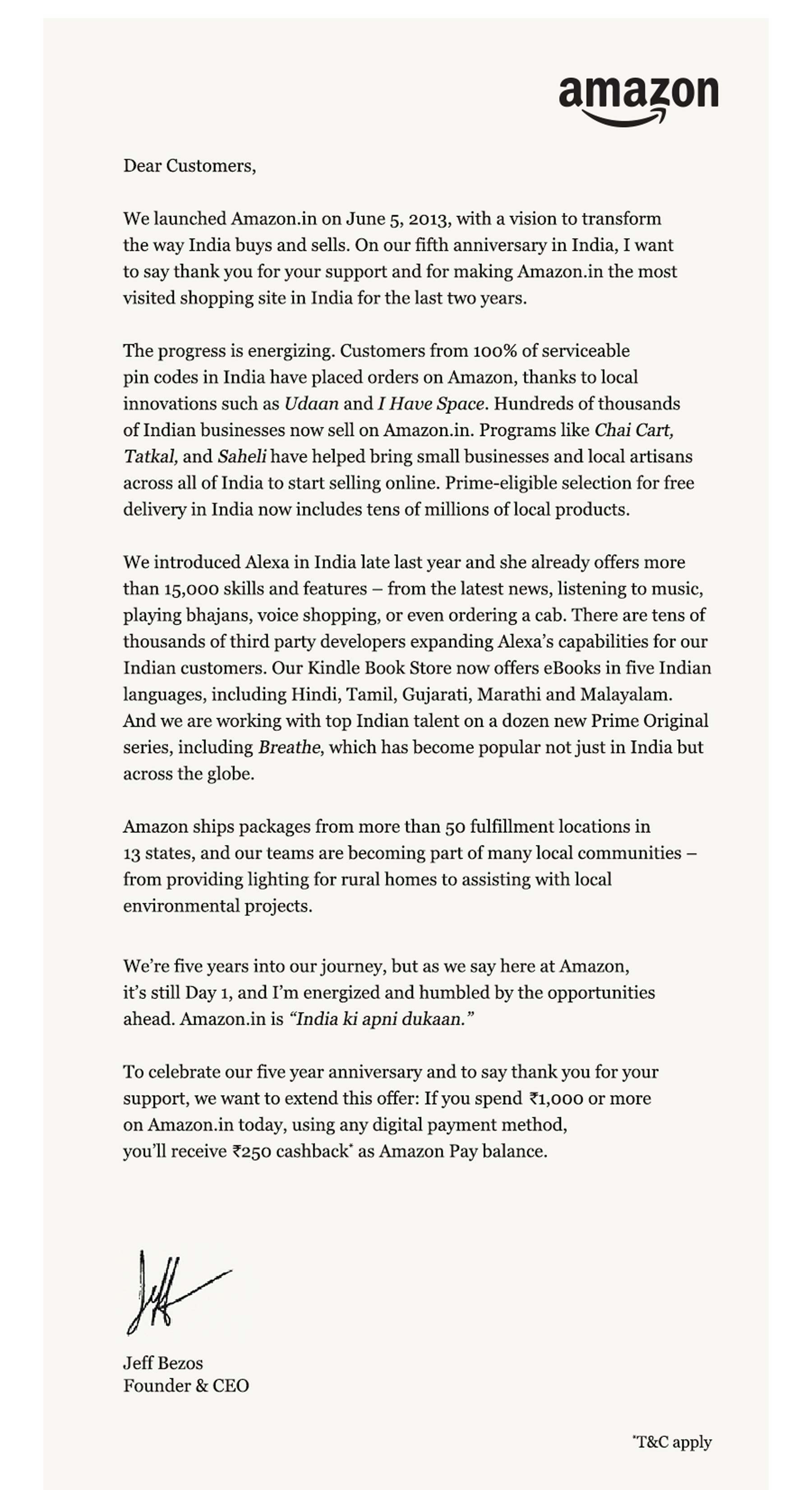Amazon India Celebrates Fifth Anniversary By Giving Cashback Ceo Jeff Bezos Says Humbled By Opportunities Ahead Technology News