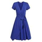 Women Short Sleeves Deep V-Neck Shirring Waist with Belt Draped Knee Dress...
