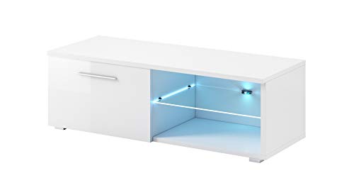 E-com - Meuble TV Armoire Tele Table Television Samuel avec lumieres LED Bleues - 120 cm - Blanc