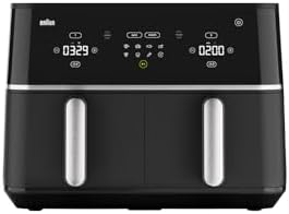 Braun TwinCook 5 – Friggitrice ad Aria Doppio Cestello da 10L (5L + 5L), Tecnologia RealAir, Rivestimento Ceramico PFAS-Free, 8 Programmi, Cottura Abbinata, Touch Control, 2400W, Nera(TD5030IBK)