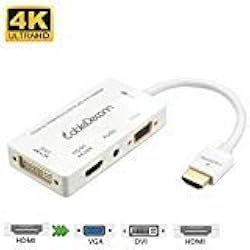 CableDeconn Multiport 4-in-1 HDMI to HDMI DVI 4K VGA Adapter Cable with Audio Output Converter (White)