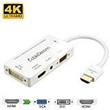 CableDeconn Multiport 4-in-1 HDMI to HDMI DVI 4K VGA Adapter Cable with Audio Output Converter (White)