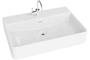 LAVITA Altaya countertop washbasin Rectangular Sink with Overflow and tap Hole Ceramic countertop Basin Modern Bathroom Sink 61 x 42 x 12.5 cm, White Gloss