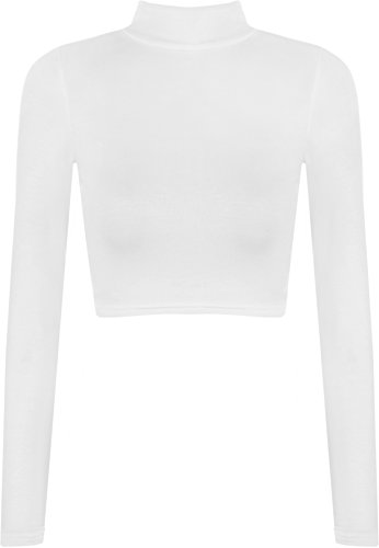 WearAll - Mujeres Manga Larga Stretch Llanura Cuello de la Tortuga Recortada del Cortocircuito del Polo Top - Blanco - 40-42