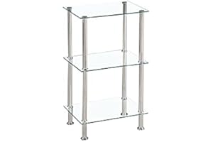 Modernique Glass Shelf Tier Storage Unit, Rectangular Shape in Black or Clear Glass with Chrome Stand, Shelving Unit (Clear, Tier 3)