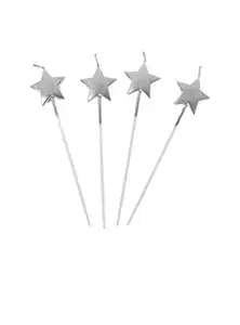 Wanna Party 4Pcs Decorative Happy Birthday Candle Star Sticks Design Cake Topper Creative Birthday Cake Candle, Silver Theme Candle Party Decor-Silver