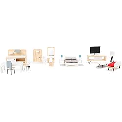 Small Foot- Set Complet de Meubles de Maison de poupée, en Bois, séjour, Cuisine,Chambre et Salle de Bains,à partir de 3 Ans Jouets, 11414, Multicolore