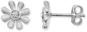 Sterling Silver 925 White Enamel &amp; Cubic Zirconia Flower Stud Earrings