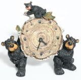Willie Black Bear with Cub Holding a Birch Log Clock 8 by Bear Figures Holding A Round Clock