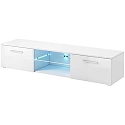 E-com - Meuble TV Armoire Tele Table Television Samuel avec Lumieres LED Bleues - 150 cm - Blanc