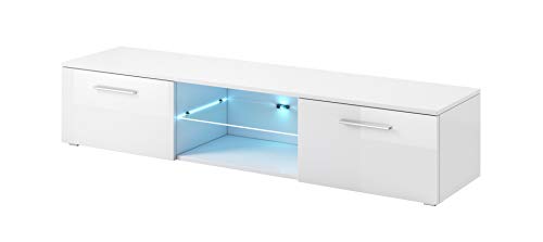 E-com - Meuble TV Armoire Tele Table Television Samuel avec Lumieres LED Bleues - 150 cm - Blanc