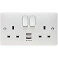 Hager WMSS82USB 'Sollysta' Switch Socket Outlet 13 Amp with 2 x USB Charging Points 2.4A