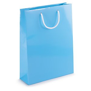 Preisvergleich Produktbild 1 Verpackungseinheit (25 Stück) Lackpapier-Tragetaschen Flashy himmelblau<br / >B 300 mm x Seitenfalte 100 mm x H 400 mm