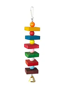 KSK Wooden Parrot Cubes Blocks Chewing Toys Parrot Knots Block Chew Toy Bells Bird Wood Hanging Toys Medium Large Birds Conures Cockatiels African Grey Cage Accessories (KSKWC056, 1Nos)