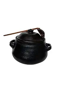 Beverlion LPG and Microwave Pre Seasoned Clay Handi/Earthen Pot for Cooking Soup with Lid, Steel Ring & Shell Spatula - 5 Litre - Black