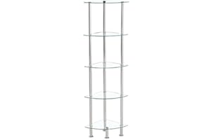 Modernique Glass Shelf Tier Storage Unit, Corner in Black or Clear Glass with Chrome Stand, Shelving Unit (Clear, Tier 5)