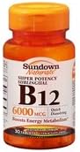 Rexall Sundown Naturals, B-12, Super Potency Sublingual, 6000 mcg, 30 Tablets (6 pack)