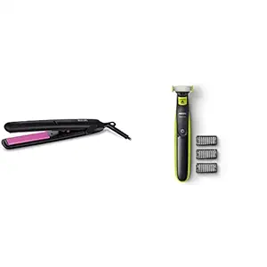 PHILIPS HP8302 Selfie Straightener (Black) & Philips QP2525/10 Cordless OneBlade Hybrid Trimmer and Shaver with 3 Trimming Combs (Lime Green)