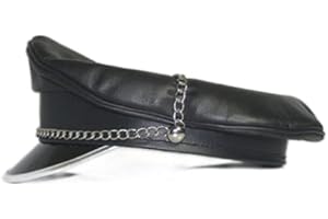 N? Genuine Leather Biker Muir Silver Peak and Thin Silver Chain Cap/hat, Black