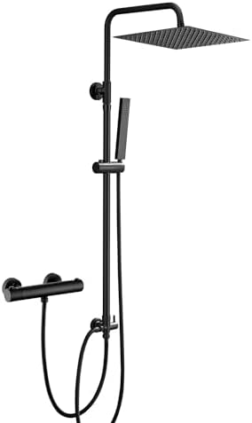 Görbach Colonna Doccia Con Miscelatore Termostatico Nero Opaco in Acciaio Inox 304 Fori Muro Regolabili Colonna Doccia con Rubinetto Set doccia a Pioggia con Soffione e Doccetta (U-30×30cm)
