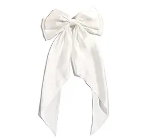STAR WORK Women Big Bow Barrettes Girls Satin Hair clips Long Ribbon Hair Pins Accessories For Party (WHITE)