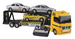 Autotransporter mit 3-Kanal Funkfernsteuerung und 6 Friktionsautos New Beetle  3-Kanal Funktfernsteuerung mit Turbogang An und Abkuppeln des Abhängers über die Fernbedienung 8 Fahrfunktionen: Turbo vorwärts links rechts rückwärts links rechts stop Lenkungsfeineinstellung mit Beleuchtung mit aufklappbarer Laderampe mit 6 Friktionsautos New Beetle  NEU