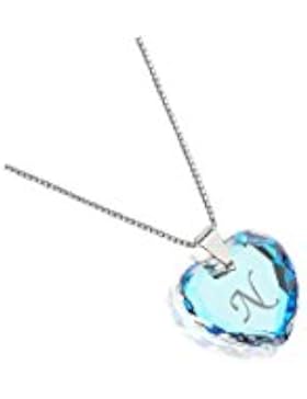 Kinderkette 925 Silber mit SWAROVSKI ELEMENTS Herzanhänger Farbe Blue AB und Gravur Buchstabe