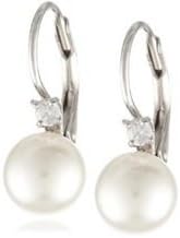 Sterling Silver White Simulated Shell Pearl White CZ Back Earrings