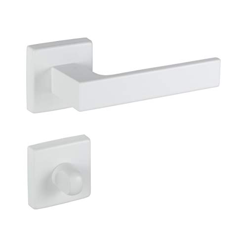 Juva Manillas Puerta Cerrojo Baño - Manilla de Puerta en Acero Inoxidable PUSH - Puerta Garaje, WC, Cocina, Interior y Exterior - Placa con Cerrojo Seguridad - Puerta 35 a 47 mm - Blanco