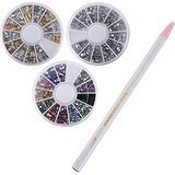 Almondcy Professional Manicure Nail Art Decorations Rhinestone Wheel Set, Mixed Sliver Crystal Gemstones, Diy Size 3D Glitter Rhinestones Charm, Gold And Silver 3D Metal Studs