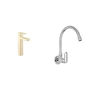 KOHLER Hone Single Control Mixer Tall Lav Faucet, Without Drain (Vibrant French Gold)+Kohler Kumin Wall Mounted Kitchen Faucet (Cold only) (99482IN-4-CP)