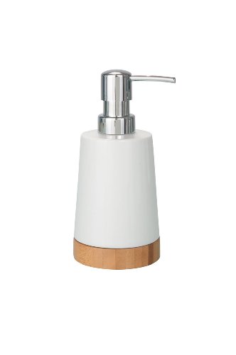 WENKO 17678611 Seifenspender Bamboo - Flüssigseifen-Spender, Fassungsvermögen 0.33 L, Keramik, 9 x 17.5 x 8 cm, Weiß