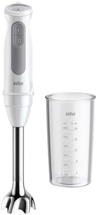 Braun MultiQuick5 MQ50.001M MINIPIMER CON 5 ANNI DI ASSISTENZA, 21 Velocità, Tecnologia Tedesca, ECO-SOSTENIBILE PRODOTTO CON PLASTICA RICICLATA, Asta in Acciaio, Bicchiere 600ml, 1000W,Bianco