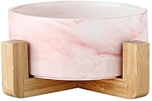 SP SEMPRE + ciotola singola per cani e gatti in ceramica da 850ML in bambù, rialzata e sollevata da terra, base antiscivolo con 4 cuscinetti (SINGOLA 15.5 CM, MARMO ROSA)
